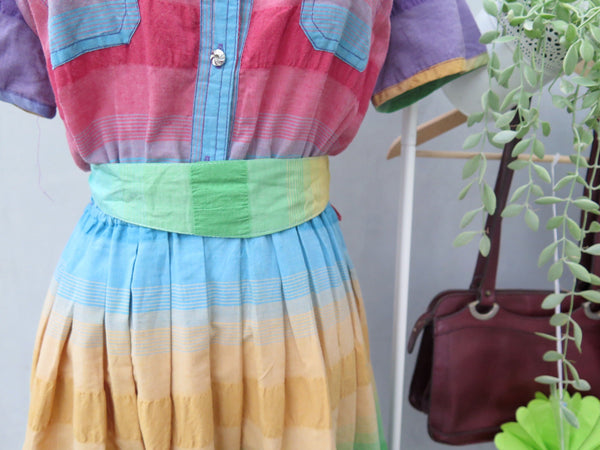 Skippy Do-dah-day | Vintage 1980s rainbow gradient colors button-down shirt dress