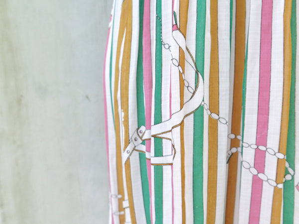Clarisse | Vintage 1960s 1970s vertical stripe kitschy retro Ribbon print frill neckline Strappy Sundress