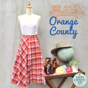 Orange County | Vintage 1960s 1970s hippie boho Festival plaid Gingham Orange red blue checkered Skirt