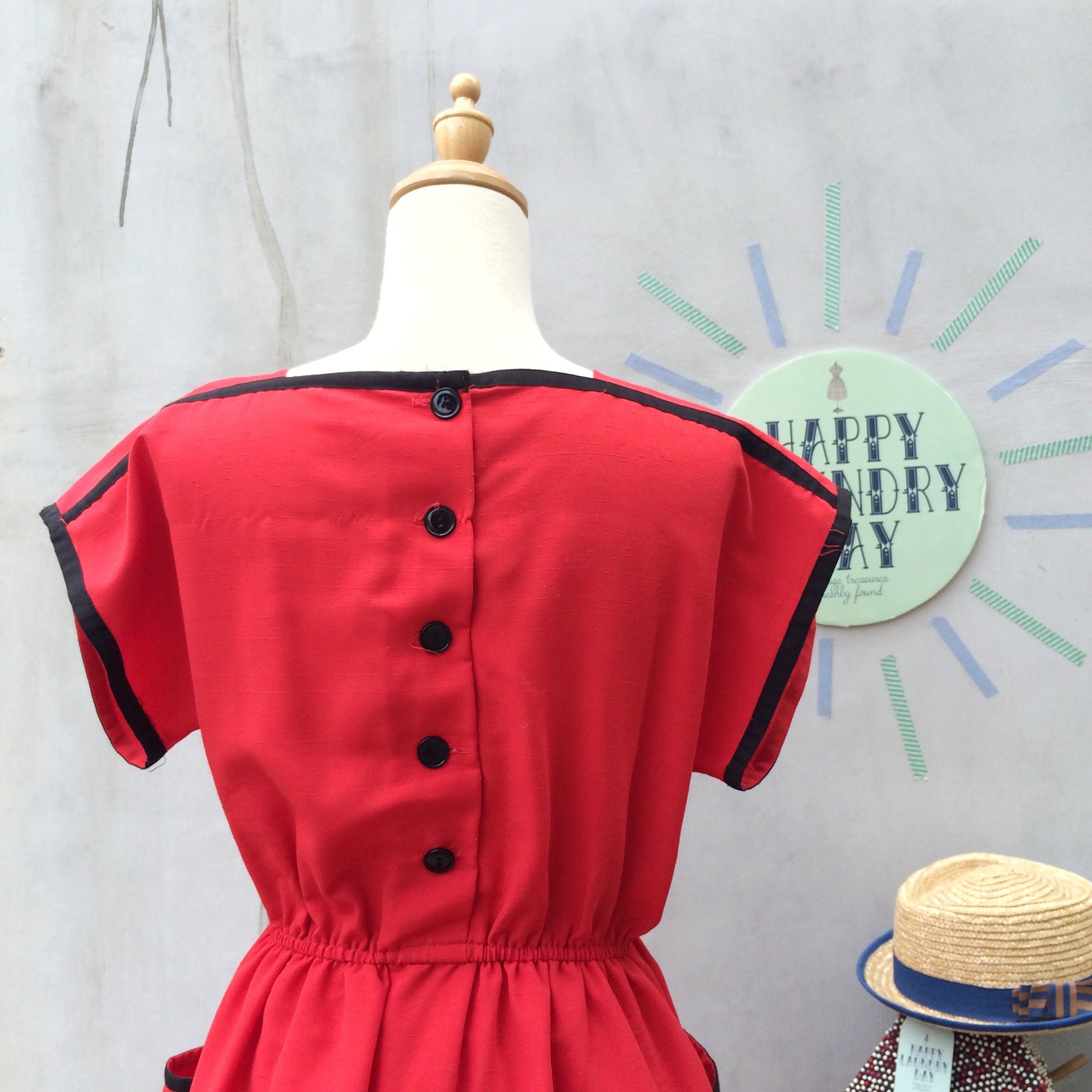 Red Riding Hood | Vintage 1980s Square neckline Red Dress with HUGE pockets and back buttons
