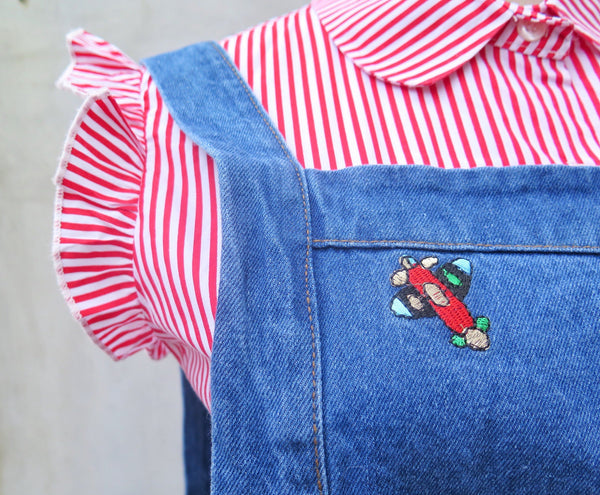 Friendly skies | Vintage 1980s 1990s Denim overall apron-style skirt with Embroidered airplane