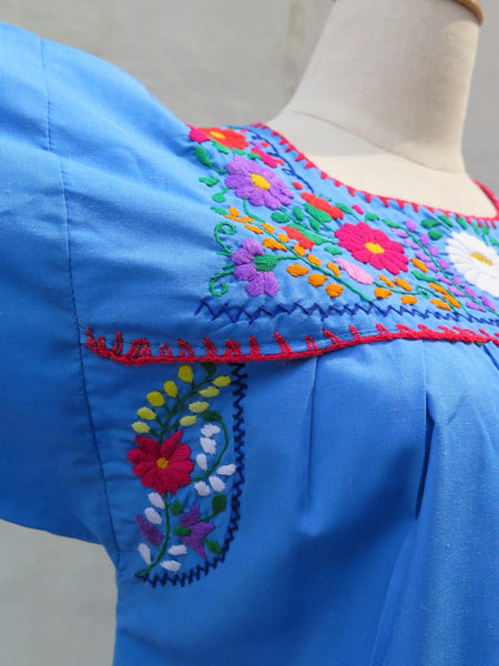 Vintage 1960s 1970s floral mexican Oxacan hand-embroidered caftan midi hippie bohemian dress | Sky Blossoms |