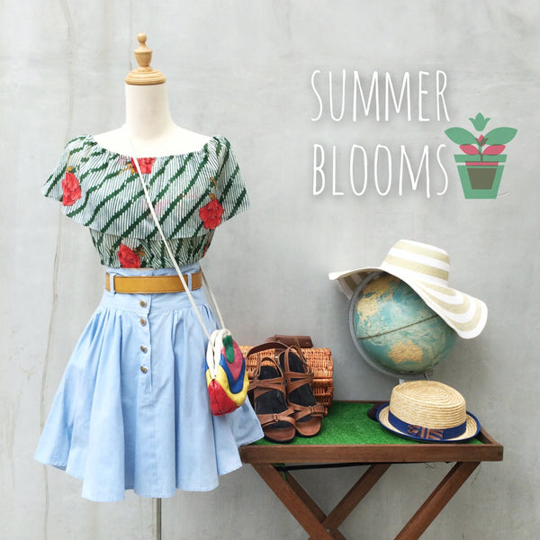 Summer Blooms | Vintage fabric Peony flower green striped cropped top