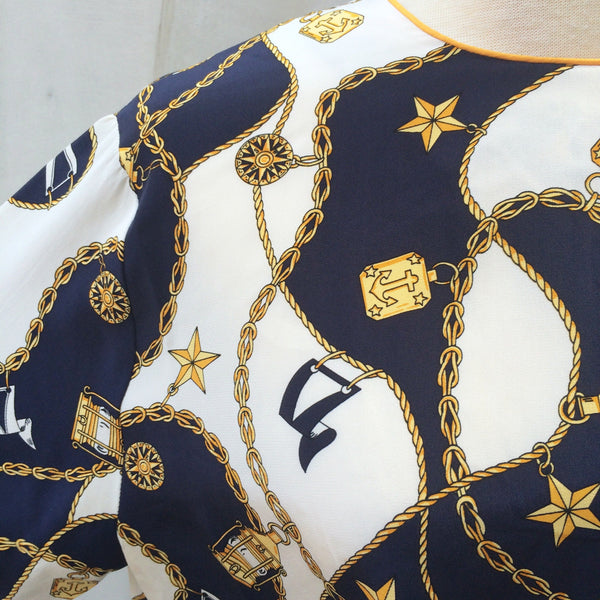 Anchor's Point | Sailor nautical theme Vintage 1980s boxy Square slouchy loose fit Bluouse | 100% Silk Vintage Blouse Top