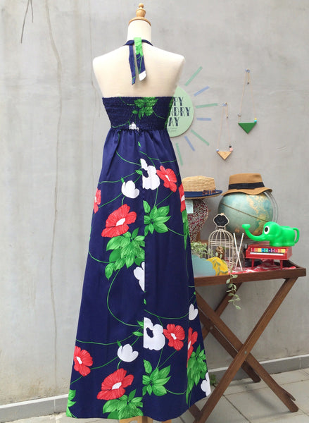 Beauty Vines | Vintage 1960s 1970s Hawaiian Designer Strawberry flowers Dark Navy Halter Maxi Dress