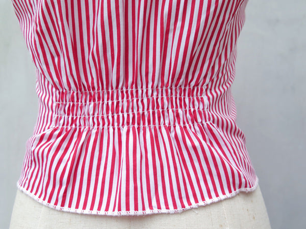 New year Hooray! | Vintage 1960s 1970s Vertical red white stripes Tie-front Shirt blouse
