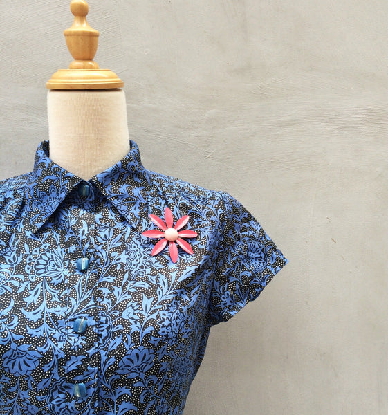 Batik Base | Vintage 1950s 1960s Simple silhouette Day Dress Blue florals and Polka Dots | Upcycled short sleeves