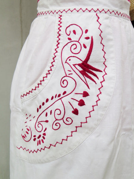 Love birds | Vintage 1960s 1970s mexican embroidered bird print white skirt