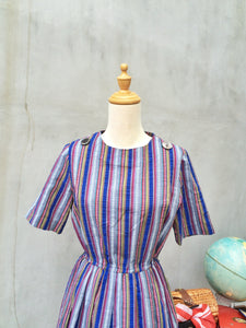 Vertigo Stripes! | Vingtage seersucker cheesecloth Vertical Stripes Indigo Blue, green, red, grey Front pleat Short Dress