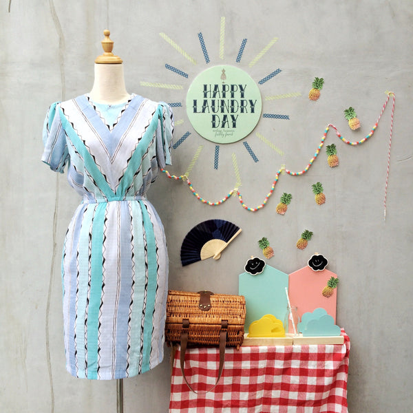 See Seafoam | Vintage 1950s sea foam green mint green pastel blues Wavy lines Summer shift dress