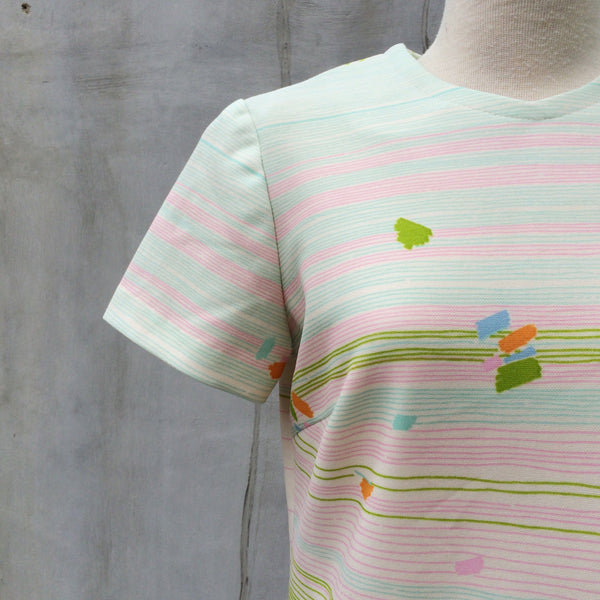 Happy Ning | Vintage 1960s 1970s Multi-colored geometric shape print and stripes Shift Dress
