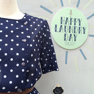 Timeless Two-step | Vintage 1940s 1950s Navy blue and white polka dot Day Dress with Cute sleeves & buttons