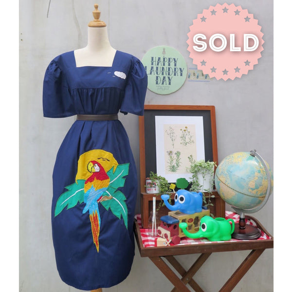 Hello? Hello! | Vintage 1960s 1970s Kitschy Applique Parrot Tropical palm tree motif Embroidered Cloud and Birds Popover Dress