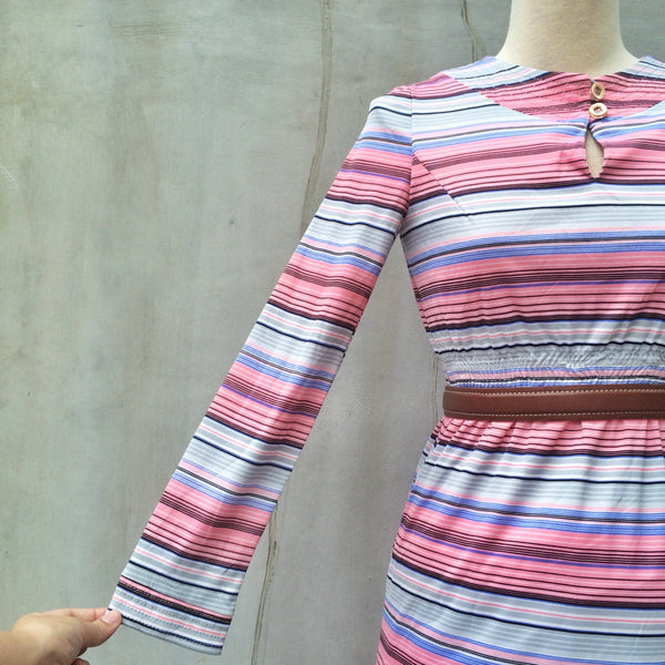 SALE! | Pink Panther | Happy pink blue white stripes 1960s keyhole Long sleeve dress