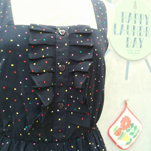 I give you my heart | Vintage 1980s heart-shaped Confetti print Sun dress with Front ruffles