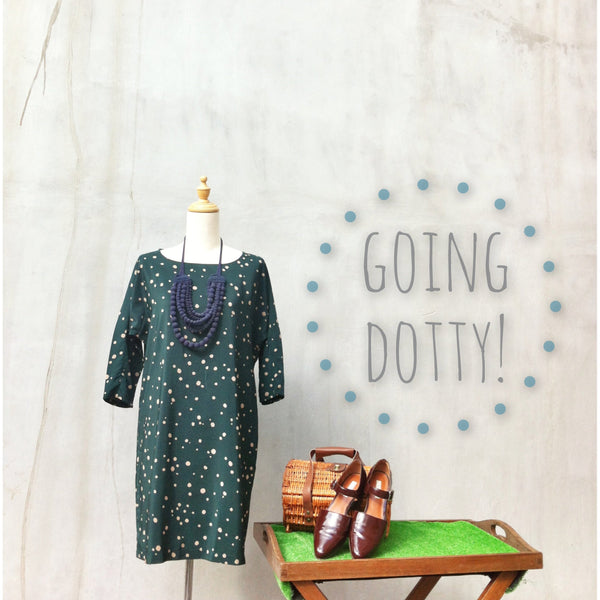Going Dotty | Forest green beige polka dot Retro 80s shift tent dress