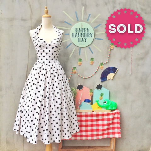 Rockabilly Baby | Vintage 1980s does 1950s My Michelle designer Rockabilly Pinup Glam Girl halter prom Black white polka dot dress with attached Crinoline