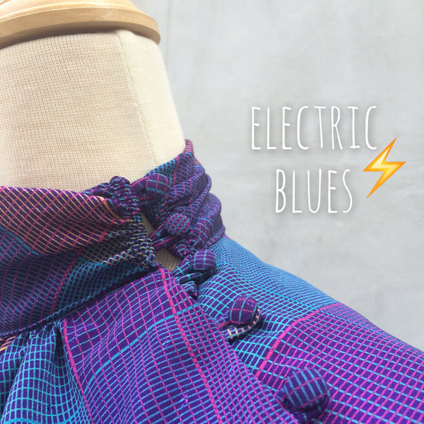 Electric Blues | Vintage unique Plaid tartan Turtleneck button shoulder Secretary Blouse