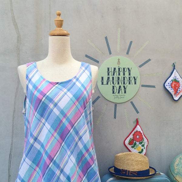 Jump for Joy | Vintage 1980s 100% cotton Plaid sleeveless tank dress with Cute pink buttons at the back