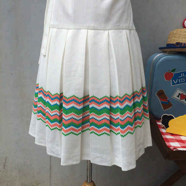 Tennis Luncheon | Vintage 1960s 1970s Stepford wives Club Luncheon sporty Chevron zig zag stripes White Drop Waist Dress