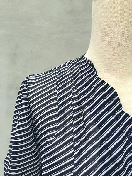 Lines & Curves | Ladylike and Tea with Cakes Vintage 1980s does 1940s striped day dress with Scalloped Neckline