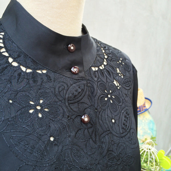 Black Out | Vintage 1970s does 1920s black Silky sateen Shirt Blouse