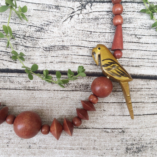 Cheep Chirp | Vintage 1970s 1980s wooden bead Animal parrot bird necklace