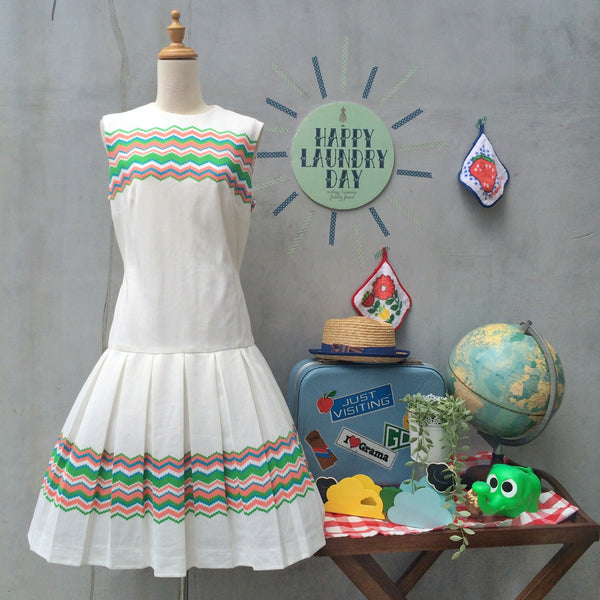 Tennis Luncheon | Vintage 1960s 1970s Stepford wives Club Luncheon sporty Chevron zig zag stripes White Drop Waist Dress