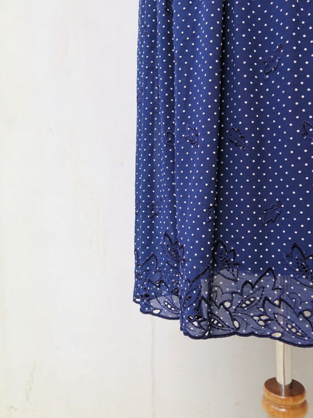 Gently into Dreams | Vintage 1940s navy polka dot Lace cutout micro-pleated Ethnic Day Dress