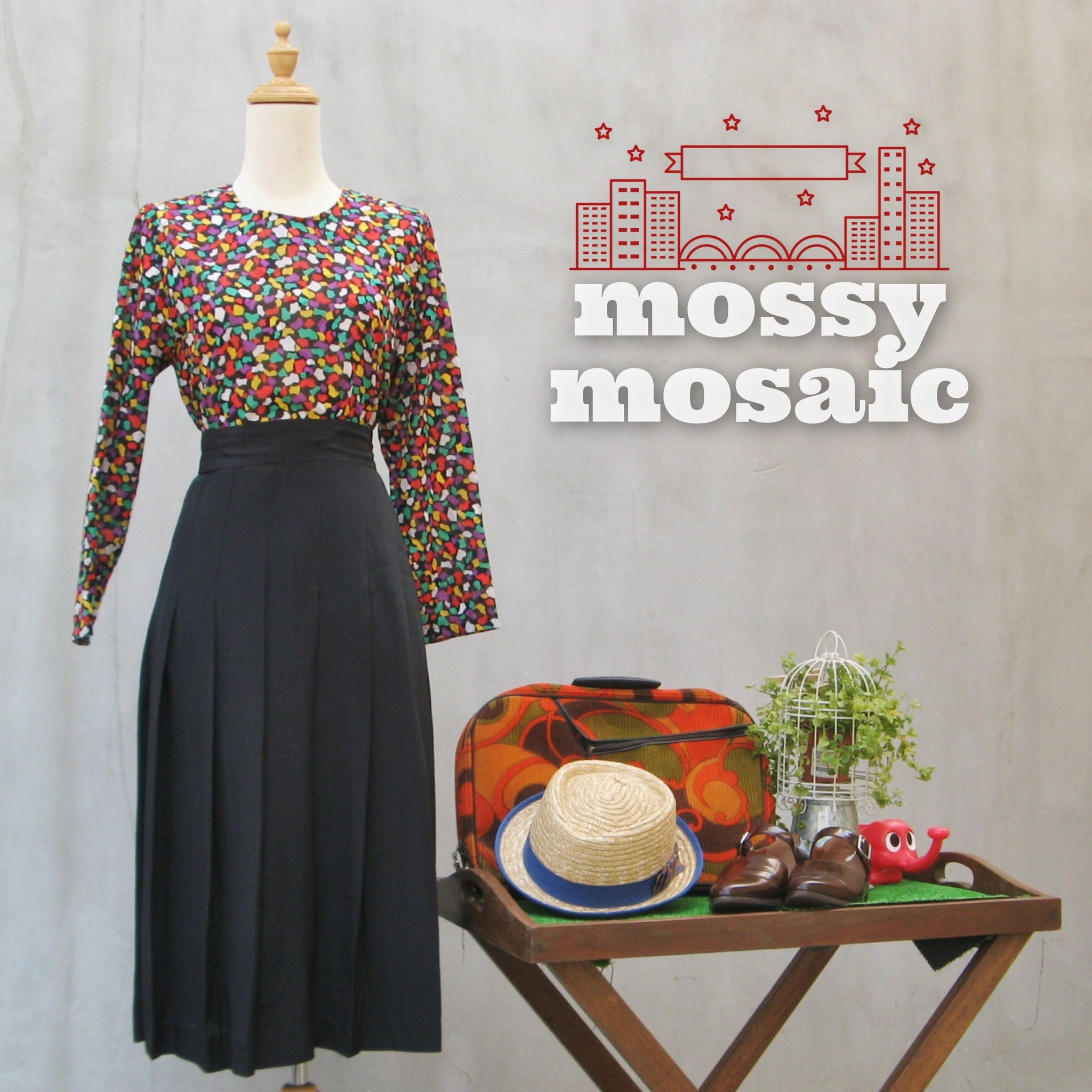 Mossy Mosaic | Multi-colored Confetti Vintage 1960s back button-down Blouse | Textured Polka dots!