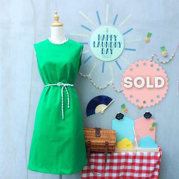 Bye Bye Miss Flutterbye | Vintage 1960s Twiggy mod A-line shift dress with Matching striped belt tie and Neck piping | Bright Happy Neon Green