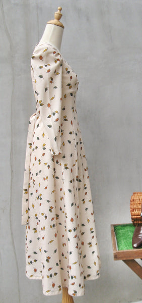 Autumn Trails | Vintage c. 1970s rare Maxi dress in Pale Pink and Falling leaf print
