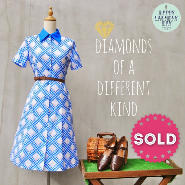 Blue Diamonds | Retro Vintage 60s bright blue white Geometric print Japan Dress