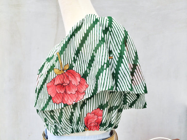 Summer Blooms | Vintage fabric Peony flower green striped cropped top