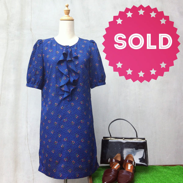 Floral Days | Retro 70s Small floral print Indigo blue Ruffle front Tunic Dress