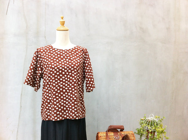 Brownie Points | Vintage 1980s Brown and pink swirl Polka Dot Crop Boxy Square Blouse