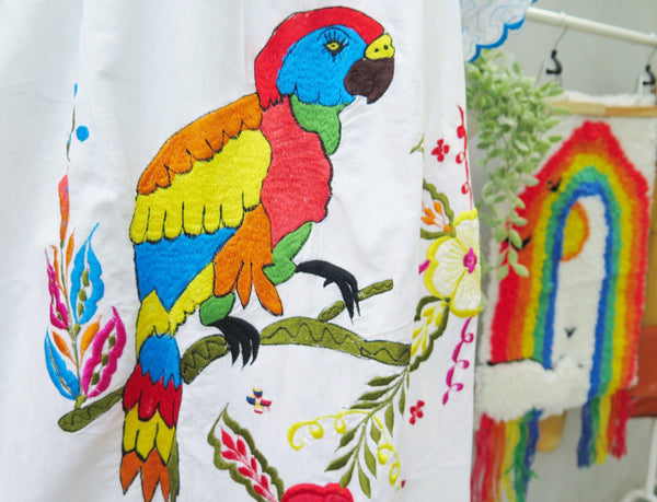 Freedom | Vintage 1970s 1980s Embroidered Parrot Mexican Caftan Kaftan Dress