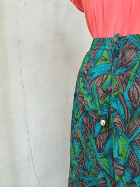 Pocketful of Posies | Vintage 1980s gold button Geometric Mosaic Midi skirt