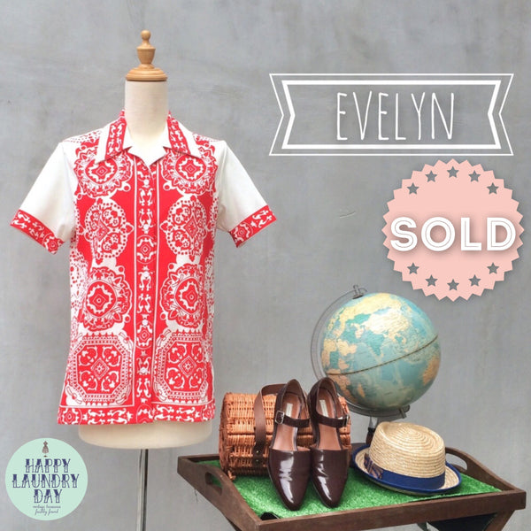 SALE! | Evelyn | Red white Paisley retro 1950s print Hostess shirt