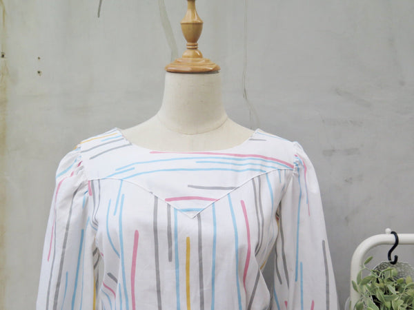 Long Summer Days | Vintage 1970s 1980s Multi-colored vertical stripes White 3/4-sleeve casual day dress