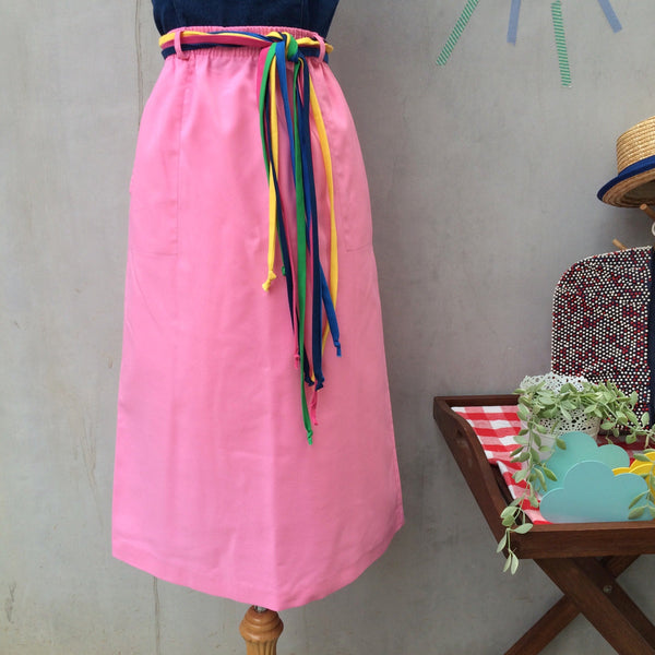 Pink as day | Vintage 1960s 1970s Pink A-line skirt with Rainbow stripe belt