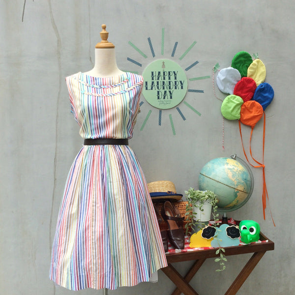 Happy Stripes | Vintage cotton 1950s 1960s Cute Rainbow stripes Sundress