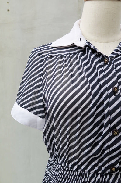 Raven Ribbon | Vintage 1950s 1960s black and white stripes pleated skirt Midi button up  dress