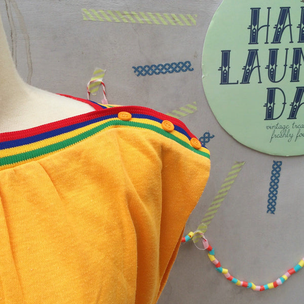 Sunshine & Rainbows | Vintage 1970s 1980s rainbow stripe and buttons Jersey Tent Popover dress