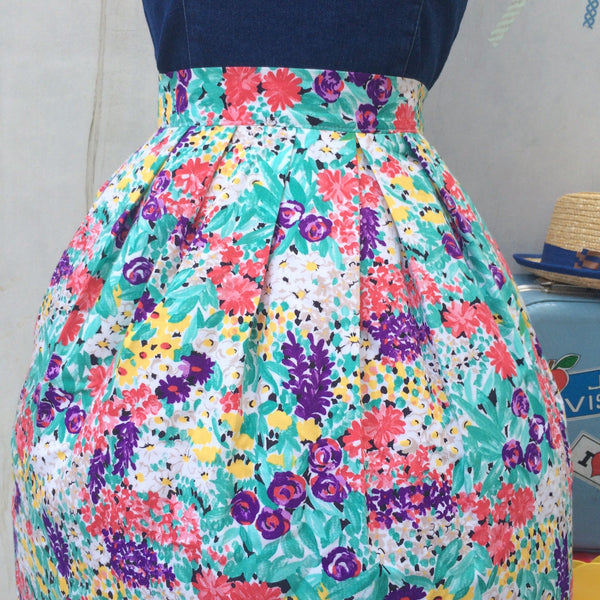 Dot a Flower | Vintage 1980s dot technique floral bouquet Skirt with POCKETS!