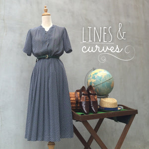 Lines & Curves | Ladylike and Tea with Cakes Vintage 1980s does 1940s striped day dress with Scalloped Neckline