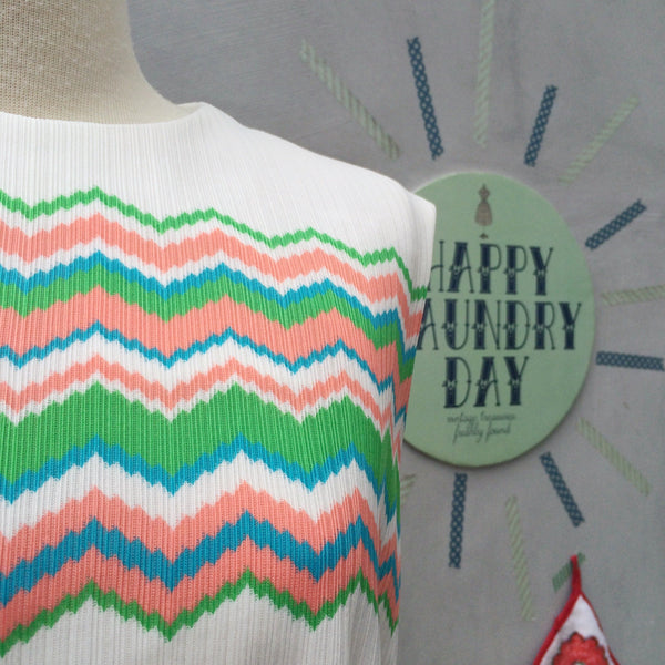 Tennis Luncheon | Vintage 1960s 1970s Stepford wives Club Luncheon sporty Chevron zig zag stripes White Drop Waist Dress