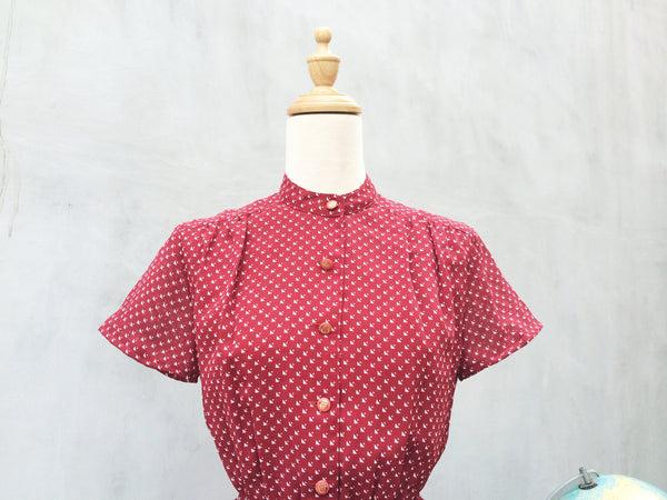 Try-angle | Plum red white triangle polka dot geometric print Vintage 1970s dress