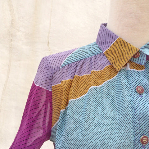 Seaside Town Gull | Vintage 1970s does 1940s muted pastel and Mustard purple Color block Pleated dress