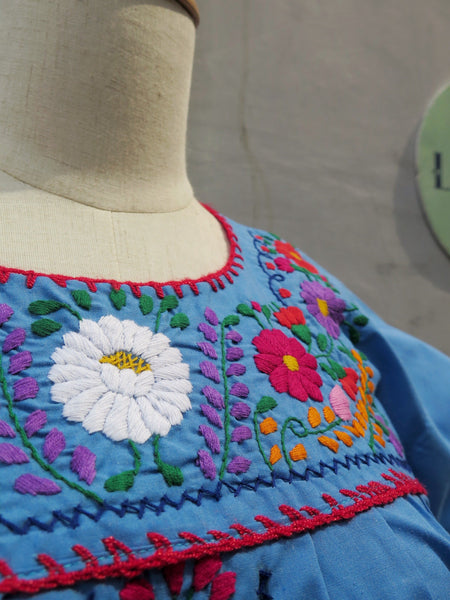 Vintage 1960s 1970s floral mexican Oxacan hand-embroidered caftan midi hippie bohemian dress | Sky Blossoms |